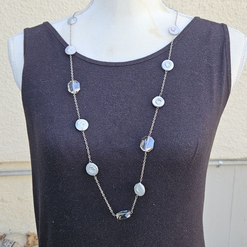 long sterling necklace with flat silver pearl and acrylic stations